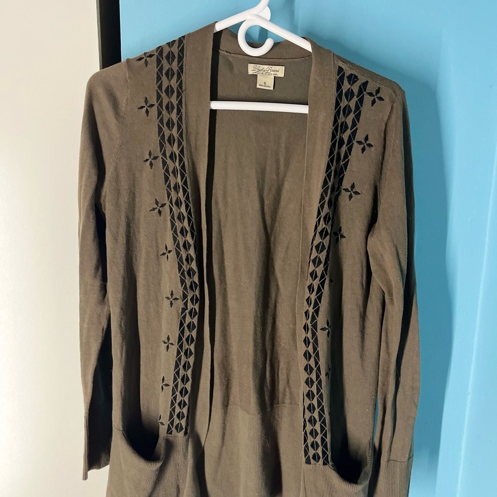 Lucky Brand Brown Cardigan Open Front V Neck with Decorative Trim